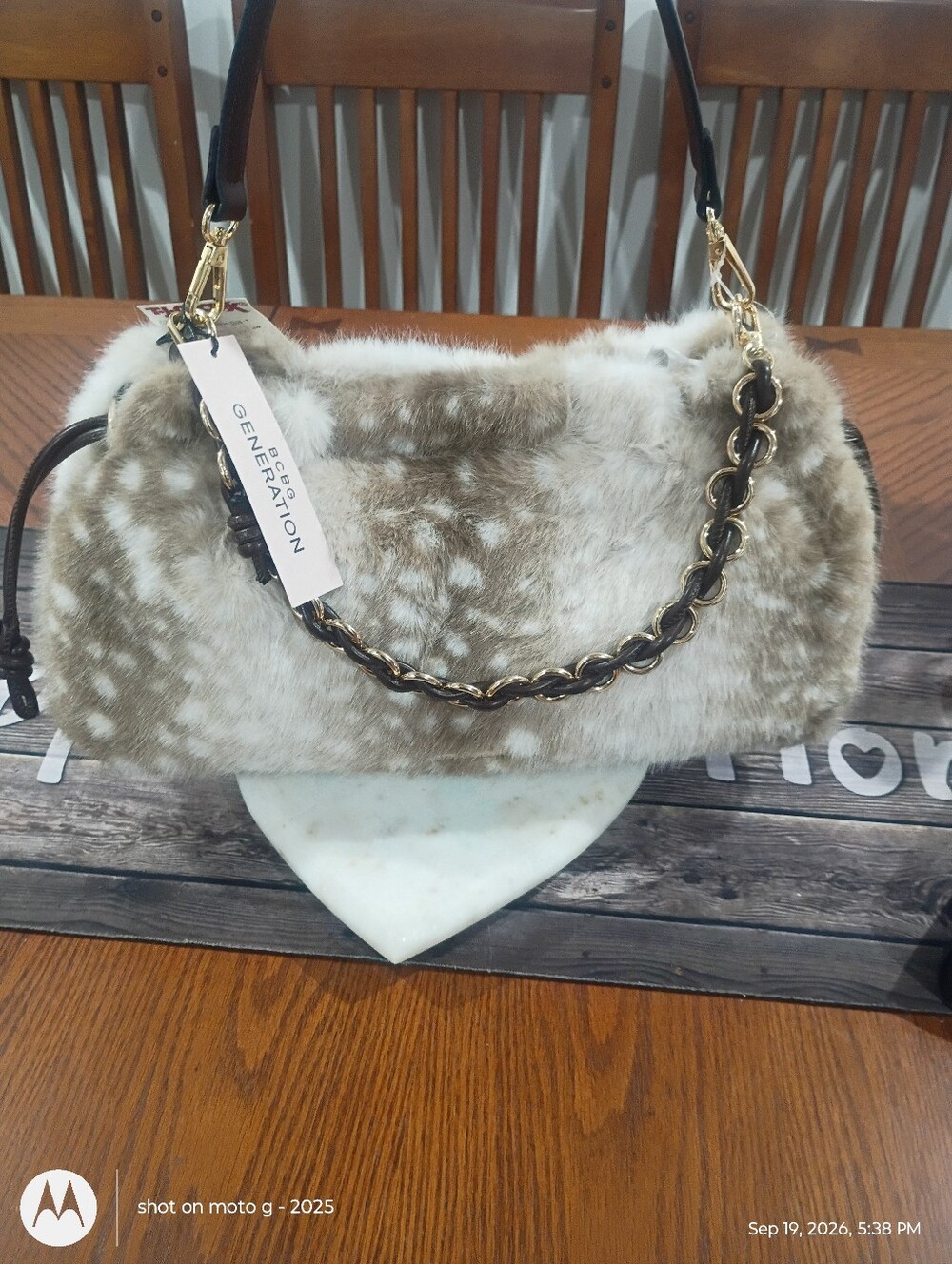GENERATION Y Faux Fur Fawn Print Shoulder Bag in Cream and Brown